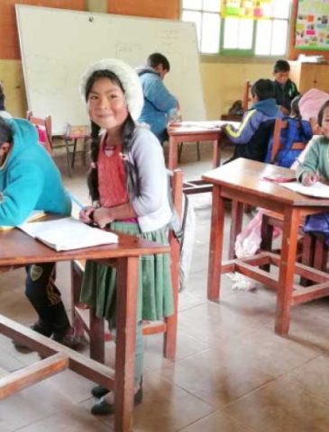 Un grupo de niños y niñas de una comunidad rural en Potosí participan en una sesión de tutoría dentro de un aula escolar. Se observa a los estudiantes trabajando en sus pupitres de madera con cuadernos, mientras una niña en primer plano sonríe a la cámara, reflejando un ambiente de aprendizaje positivo y participativo.